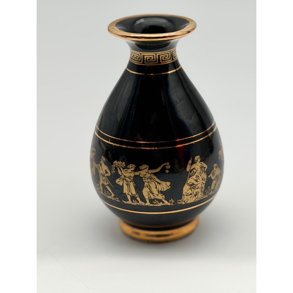 D. Vassilopoulos Greece Hand Made 24K Gold Black Ceramic Bud Vase Greek Figures